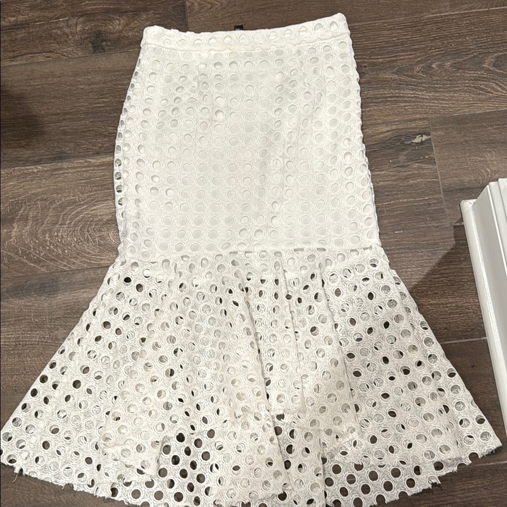 Aqua White Ruffled Trumpet Midi Skirt